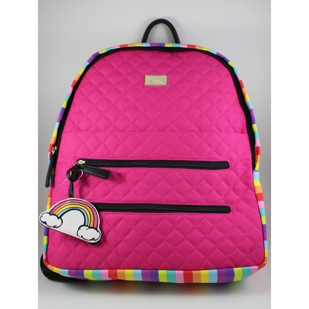 Betsey Johnson Backpack Pink & Rainbow Striped Adjustable Straps Canvas Cloth